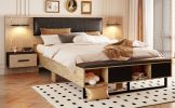 Queen Size Wood Platform Bed with Upholstered Headboard, Lights and Storage Nightstand, Bench, White