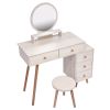 CRAZY ELF Makeup Vanity Table with Cushioned Stool, Large Capacity Storage Cabinet, 5 Drawers, Large Round Mirror