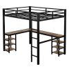 Full Metal Loft Bed with Desk and Shelves, Loft Bed with Ladder and Guardrails, Loft Bed Frame for Bedroom, Black with Vintage wood-colored desk