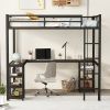 Full Metal Loft Bed with Desk and Shelves, Loft Bed with Ladder and Guardrails, Loft Bed Frame for Bedroom, Black with Vintage wood-colored desk