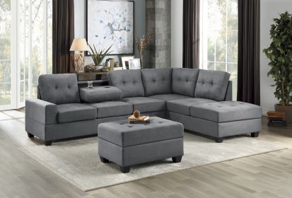 Modern Living Room 3-Piece Sectional Reversible Sofa Chaise Storage Ottoman Tufted Detail Dark Gray Microfiber Upholstered Drop-Down Cup-holder Solid