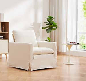 Swivel Chair with Loose Cover, Beige Fabric, Solid wood, Dimensions: 32.67"D x 32.28"W x 32.67"H, living room, bedroom