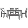 TREXM 6-Piece Kitchen Dining Table Set Wooden Rectangular Dining Table, 4 Fabric Chairs and Bench Family Furniture (Gray)