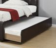 Twin Size Bed w/ Trundle Slats Espresso Faux Leather Plywood Kids Youth Bedroom Furniture Wooden Slats Square Box Upholstered Headboard 1pc Bed