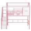 Metal Loft Bed with roof design and a storage box, Twin, Pink