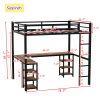 Full Metal Loft Bed with Desk and Shelves, Loft Bed with Ladder and Guardrails, Loft Bed Frame for Bedroom, Black with Vintage wood-colored desk