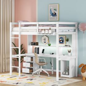 Twin Size Loft Bed with Multi-storage Desk, LED light and Bedside Tray, Charging Station, White