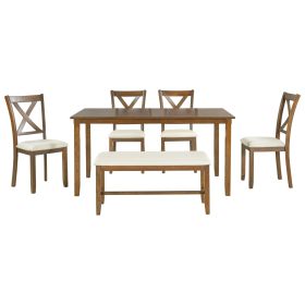 TREXM 6-Piece Kitchen Dining Table Set Wooden Rectangular Dining Table, 4 Fabric Chairs and Bench Family Furniture (Natural Cherry)