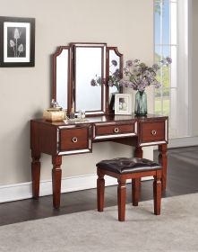 Luxurious Majestic Classic Cherry Color Vanity Set w Stool 3- Storage Drawers 1pc Bedroom Furniture Set Tri-Fold Mirror