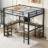 Full Metal Loft Bed with Desk and Shelves, Loft Bed with Ladder and Guardrails, Loft Bed Frame for Bedroom, Black with Vintage wood-colored desk