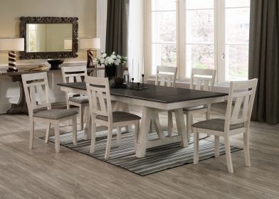 7pc Cottage Style Extendable Dining Table Set Chalk Gray Tow Tone Finish Upholstered Chair Dining Room Wooden Furniture Two Self-Storing Refectory Lea