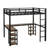 Full Metal Loft Bed with Desk and Shelves, Loft Bed with Ladder and Guardrails, Loft Bed Frame for Bedroom, Black with Vintage wood-colored desk