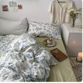 Korean Style Retro Small Floral Cotton Bedding Set Of Four Pieces (Option: GreenFragmented Flowers-Flat sheet-1.8m)