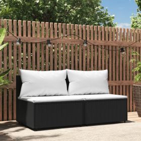 Patio Middle Sofas with Cushions 2 pcs Black Poly Rattan (Color: Black)