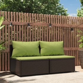 Patio Middle Sofas with Cushions 2 pcs Brown Poly Rattan (Color: Brown)