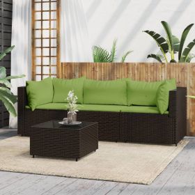 4 Piece Patio Lounge Set with Cushions Brown Poly Rattan (Color: Brown)