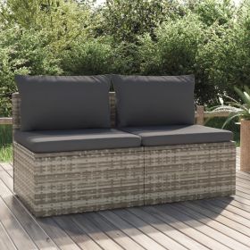 2-Seater Patio Sofa with Cushions Gray Poly Rattan (Color: Gray)