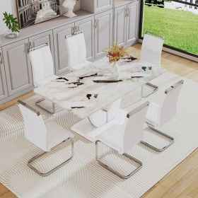 Table and chair set, modern minimalism and luxurious white rectangular pattern dining table. Soft and comfortable dining chair, for dining room (Color: as Pic)