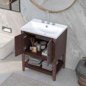 24" White Modern Sleek Bathroom Vanity Elegant Ceramic Sink with Solid Wood Frame Open Style Shelf (Color: Brown)