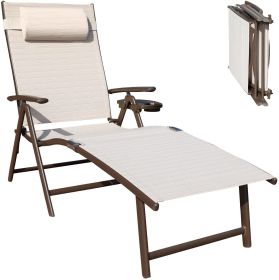 Aluminum Outdoor Folding Reclining Adjustable Chaise Lounge Chair with Cup Holder for Outdoor Patio Beach (Color: Beige)