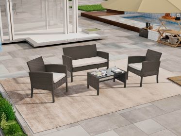 4 Pieces Patio Furniture Sets Outdoor Sectional Wicker Set Outdoor Conversation Set Patio Set Patio Loveseats with Coffee Table Porch, Poolside (Color: White)