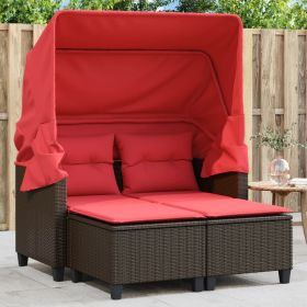 Patio Sofa 2-Seater with Canopy and Stools Brown Poly Rattan (Color: Brown)