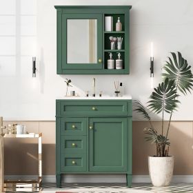 30'' Bathroom Vanity with Top Sink, Modern Bathroom Storage Cabinet with 2 Drawers and a Tip-out Drawer, Freestanding Vanity Set with Mirror Cabinet (Color: as Pic)