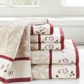 Embroidered Cotton Jacquard 6 Piece Towel Set (Color: as Pic)