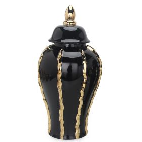 Elegant Black Ceramic Ginger Jar Vase with Gold Accents and Removable Lid - Timeless Home Decor (Color: as Pic)